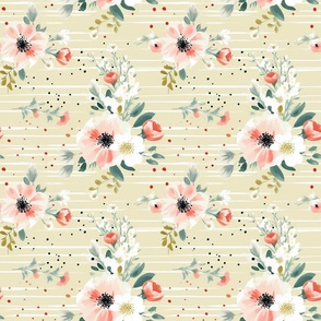  Painted Posies - Coral on Cream-White Stripes -