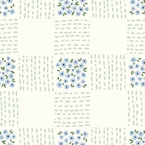 Farm House Floral Buffalo Plaid in Cream, Pastel Green and Baby Blue | Jumbo Scale Checked Botanical Flowers