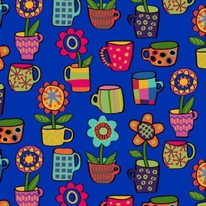 Pattern Clash Coffee Cups and Mugs in Mismatched Patterns with Whimsical Flowers on Blue Ground Medium Scale