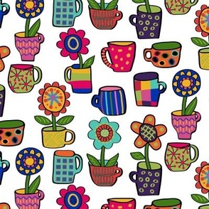 Pattern Clash Cups, Mugs and Flowers in Mismatched Patterns in Medium Scale on White Ground