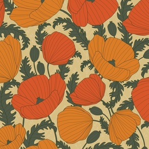 large - Tossed Boho Retro Poppies - red and orange flowers with dark green leaves on ecru beige