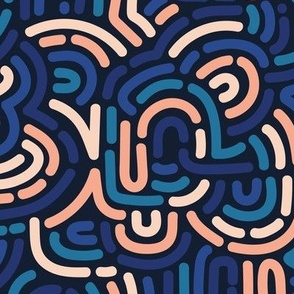 Funky colorful disco summer African Maze - retro groovy swirls and circles blush peach blue teal on navy
