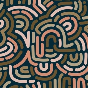 Funky colorful summer African Maze - retro groovy swirls and circles olive green sage moody burnt orange on deep navy