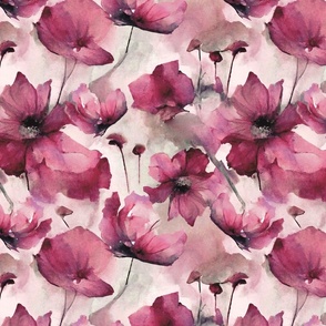 Wild Poppy Flower Loose Abstract Watercolor Floral Pattern Bright Pink Smaller Scale