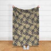 (large scale) overlapping gold palm leaves on dark grey