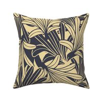 (large scale) overlapping gold palm leaves on dark grey