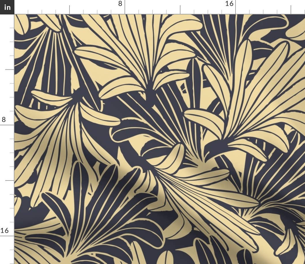 (large scale) overlapping gold palm leaves on dark grey