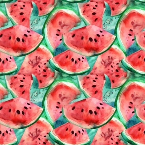 Watermelon Picnic - Watercolor on Blue-Green 