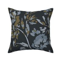 Large Scale Flower Garden Drawings in Gray, Olive Green and Slate Blue