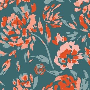  Flower Garden Drawings in Pink, Teal and Red Multi-color Large Scale Fabric and Wallpaper