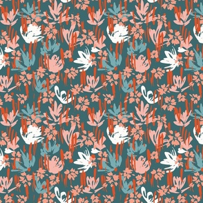 Painted Flower Garden Turquoise Modern Abstract Floral Pink and Teal Fabric
