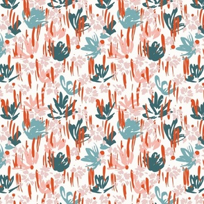 Painted Flower Garden Pink Modern Abstract Floral Red and Teal Fabric