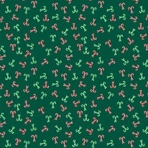 Red & Green Candy Cane Scatter on Dark Green Blue Small Scale 2.6 x 2.6