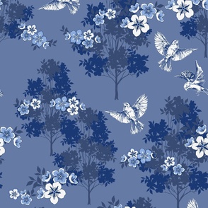 Robin's Orchard Toile - Slate Blue - Large Scale