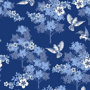 Robin's Orchard Toile - Colbalt Blue - Large Scale