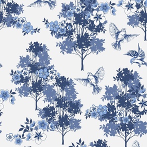 Robin's Orchard Toile - Porcelain White & Blue - Large Scale