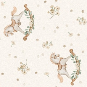 Baby Rocking Horse – Neutral Baby Nursery Fabric, Gender Neutral, Beige Green, large scale ROTATED