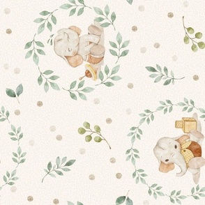 Sweet Elephant Nursery – Neutral Baby Elephant Fabric, New Baby Gender Neutral, Beige Green, large scale ROTATED