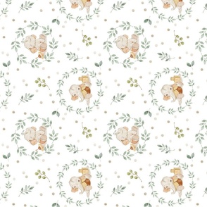 Sweet Elephant Nursery (white) Neutral Baby Elephant Fabric, New Baby Gender Neutral, Beige Green, medium scale ROTATED