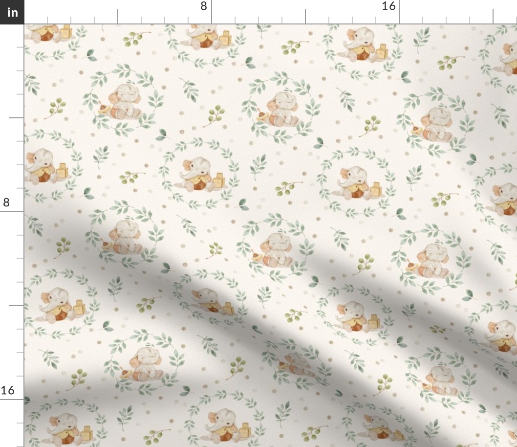 Sweet Elephant Nursery – Neutral Baby Elephant Fabric, New Baby Gender Neutral, Beige Green, small scale