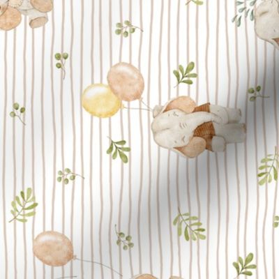 Little Elephants – Gender Neutral Nursery Fabric, Beige Stripe Baby Elephants + Balloons, half-scale ROTATED