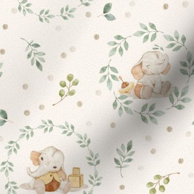 Sweet Elephant Nursery – Neutral Baby Elephant Fabric, New Baby Gender Neutral, Beige Green, medium scale