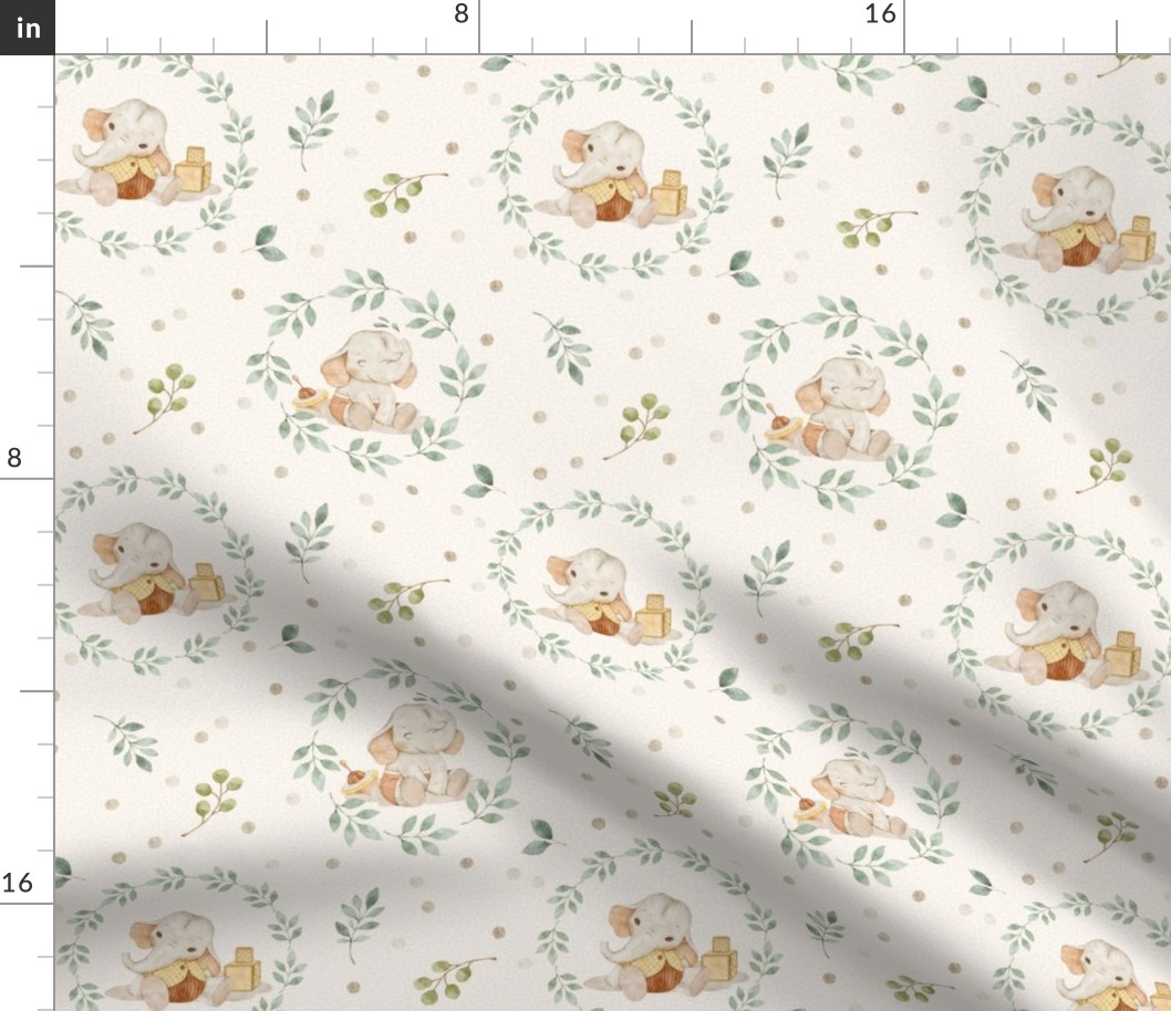 Sweet Elephant Nursery – Neutral Baby Elephant Fabric, New Baby Gender Neutral, Beige Green, medium scale
