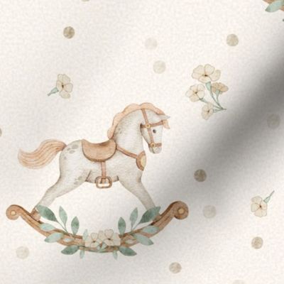 Child Rocking Horse – Neutral Baby Nursery Fabric, Gender Neutral, Beige Green, medium scale