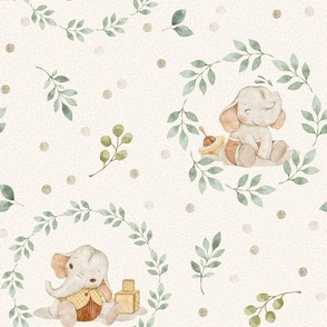 Sweet Elephant Nursery – Neutral Baby Elephant Fabric, New Baby Gender Neutral, Beige Green, large scale