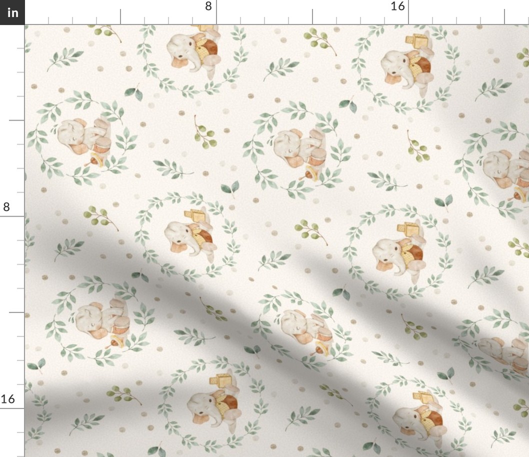 Sweet Elephant Nursery – Neutral Baby Elephant Fabric, New Baby Gender Neutral, Beige Green, medium scale ROTATED