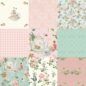 18" Cheater Quilt 9 Squares Fairy Tea Party Floral by Audrey Jeanne