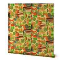 Modern Abstract Pattern Clash Painted Collage in Green and Red