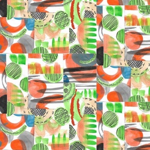 Modern Abstract Pattern Clash Painted Collage in Green and Red