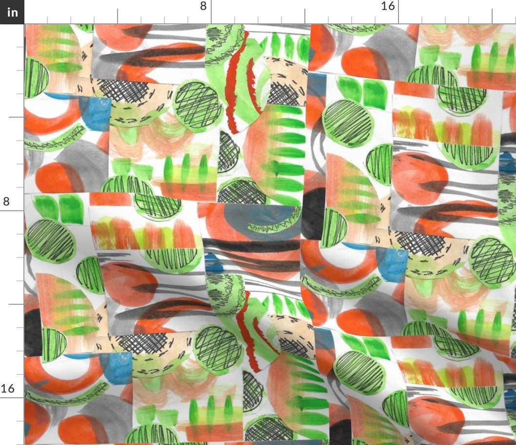 Modern Abstract Pattern Clash Painted Collage in Green and Red