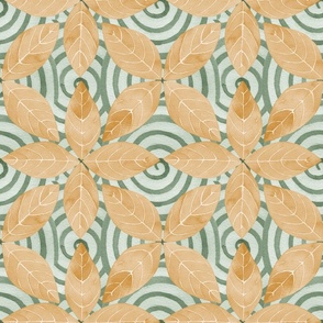 Desert sun and kelly green hand-painted geometric petals and spiral watercolor damask wallpaper large 