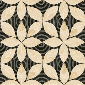 Honey on dark grey  hand-painted geometric petals and spiral watercolor damask wallpaper large 