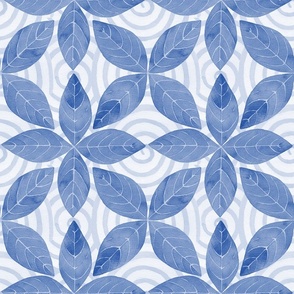 Blue and white hand-painted geometric petals and spiral watercolor damask wallpaper large 