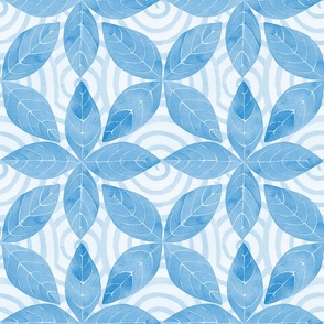 Bluebell blue  hand-painted geometric petals and spiral watercolor damask wallpaper large 