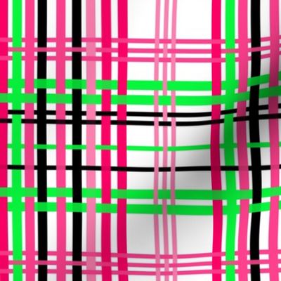 Watermelon Pink, Lime Green, Bubblegum Pink, Black, on White Plaid