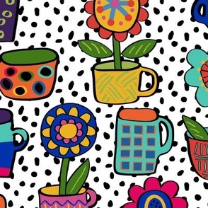 Pattern Clash Cups, Mugs, Flowers with Mismatched Patterns on Black Dotted Background Large Scale