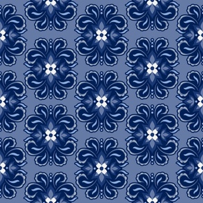 Floral Quatrefoil Damask - Slate Blue - Large Scale