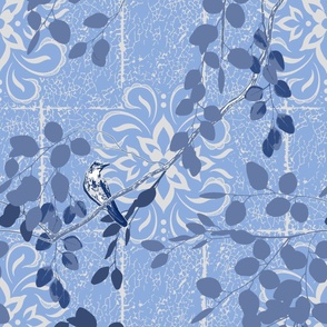 Damask Nightingale - Cornflower Blue - Large Scale