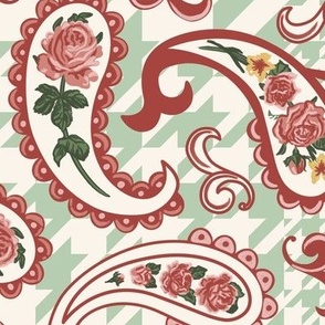 Boho Romantic Rose Paisley on a Vintage Houndstooth Checker in Pastel Green 