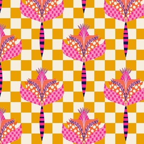 checkered upon checkered retro floral halfdrop pattern clash