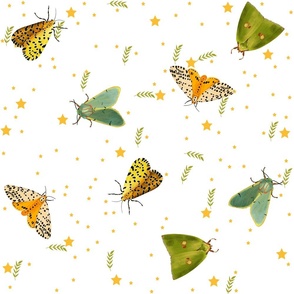 Green and yellow butterflies and leaves and stars