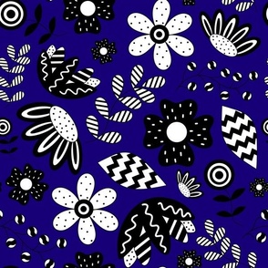 Black and White Pattern Clashing Florals on Blue - 12 x 12