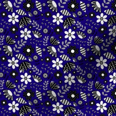 Black and White Pattern Clashing Florals on Blue - 3 x 3