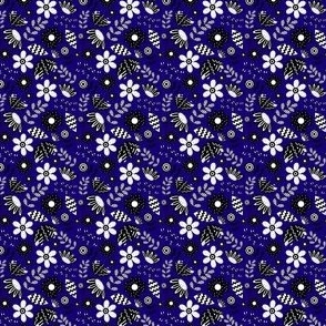 Black and White Pattern Clashing Florals on Blue - 1.5 x 1.5