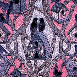 Maximalist Pattern Clash House Hunting Black Birds and Adorable Bird Houses in Purple and Pink