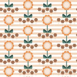 Floral on Stripes - Flowers - Orange - Green - Retro - Geometric - Garden - Mid Century - Midmod - Daisies - Dopamine